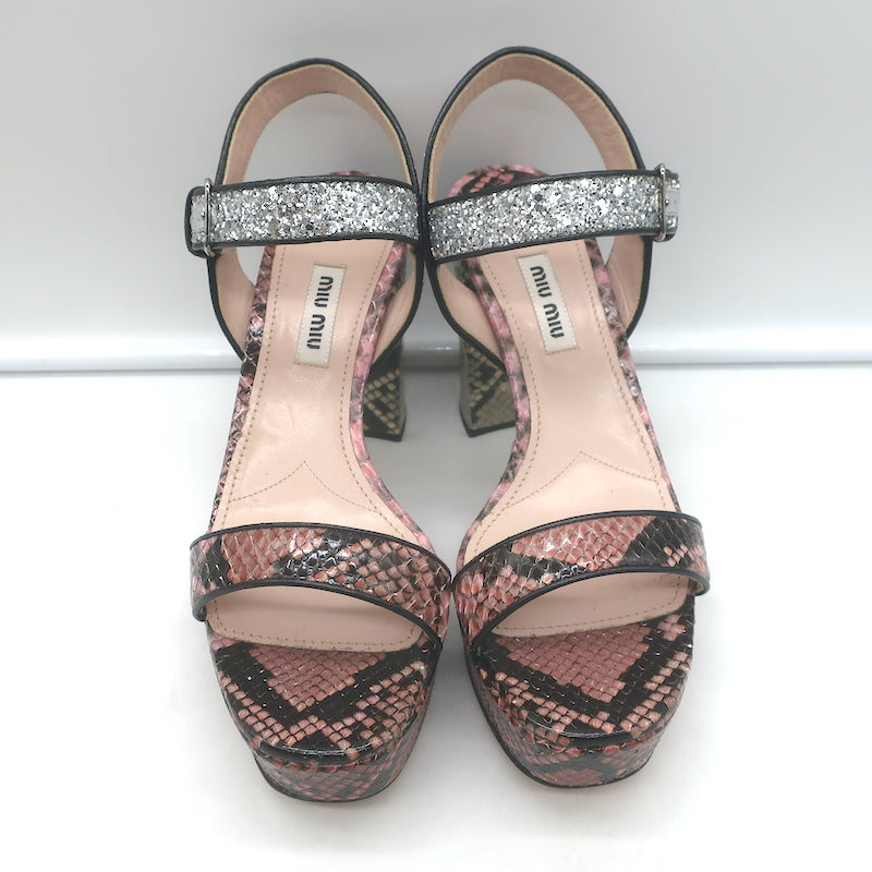 Miu Miu Snakeskin &amp; Glitter Platform Sandals Pink/Silver Size 37.5 NEW