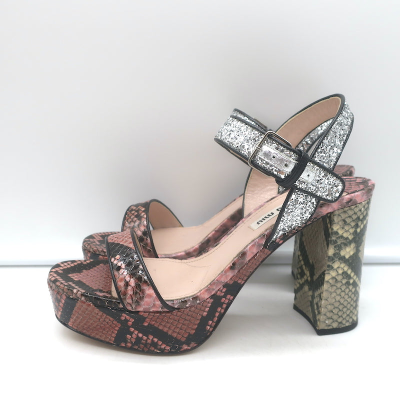 Miu Miu Snakeskin &amp; Glitter Platform Sandals Pink/Silver Size 37.5 NEW