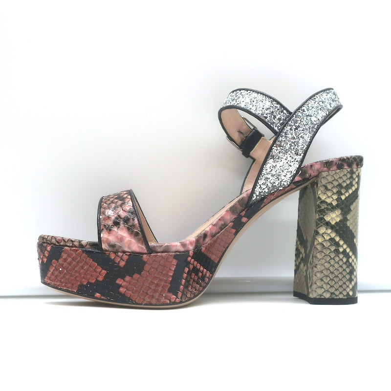 Miu Miu Snakeskin &amp; Glitter Platform Sandals Pink/Silver Size 37.5 NEW