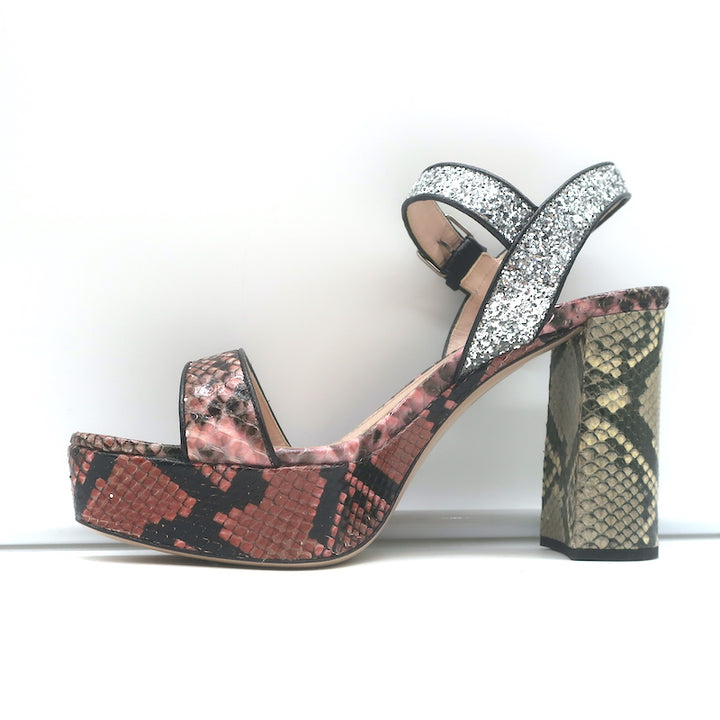 Miu Miu Snakeskin &amp; Glitter Platform Sandals Pink/Silver Size 37.5 NEW