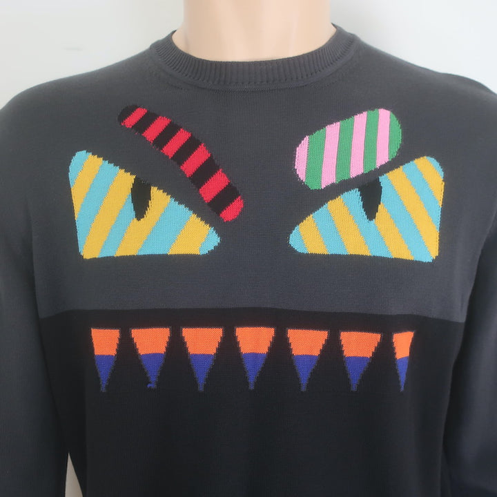 Fendi Monster Eyes Intarsia Knit Crewneck Sweater Black/Gray Size 48