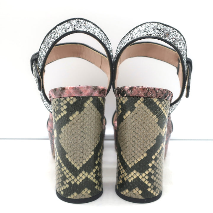 Miu Miu Snakeskin &amp; Glitter Platform Sandals Pink/Silver Size 37.5 NEW