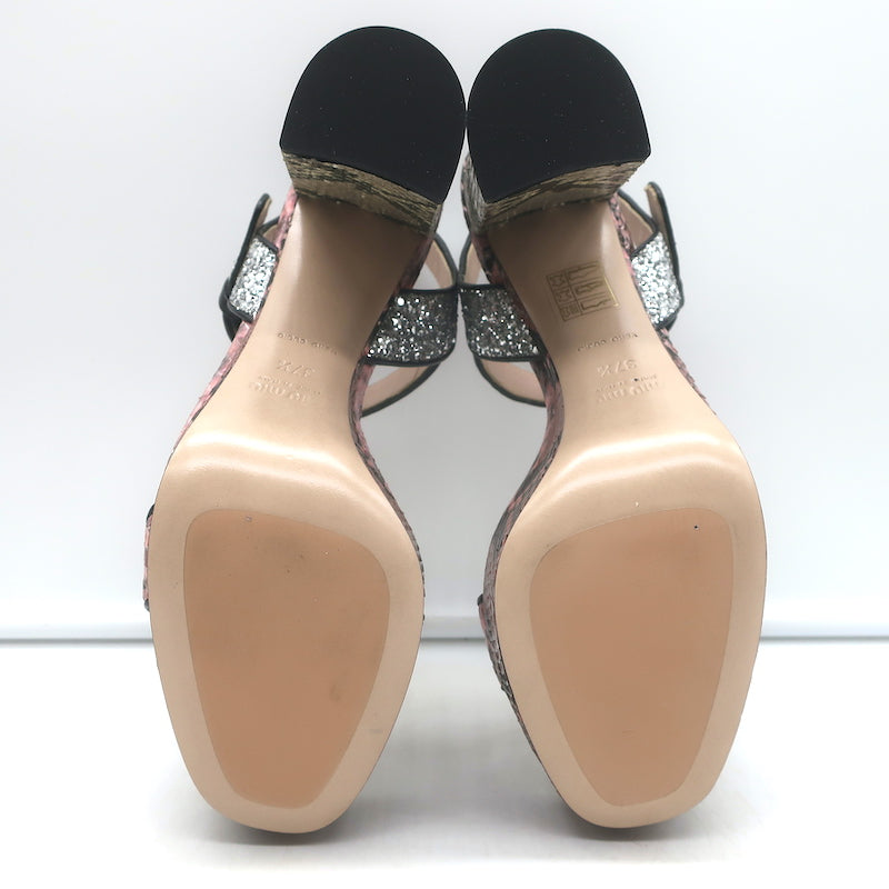 Miu Miu Snakeskin &amp; Glitter Platform Sandals Pink/Silver Size 37.5 NEW