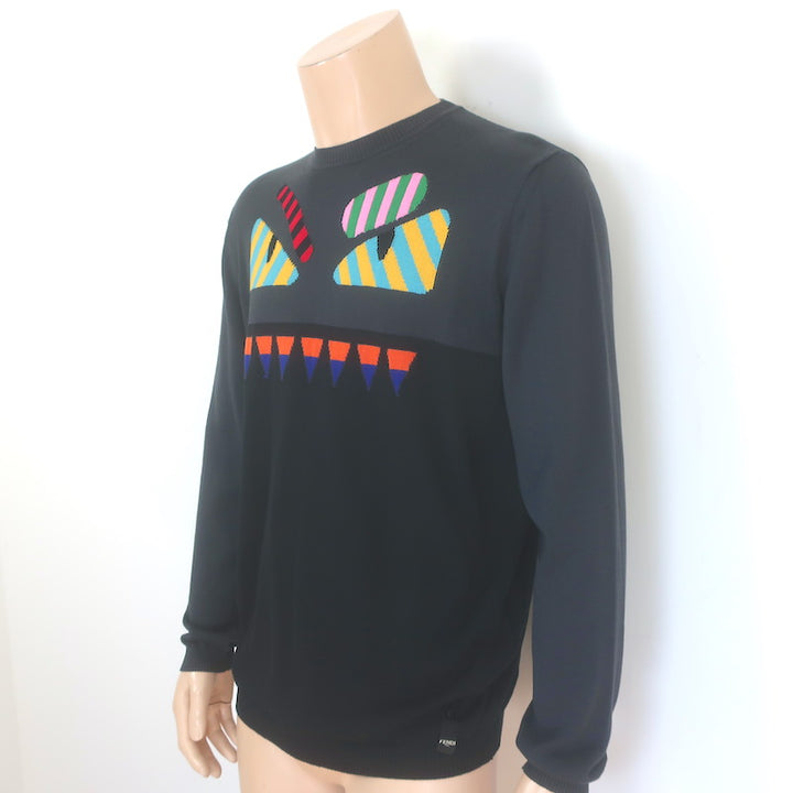 Fendi Monster Eyes Intarsia Knit Crewneck Sweater Black/Gray Size 48