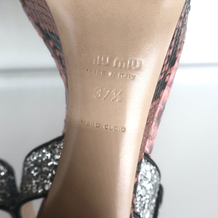 Miu Miu Snakeskin &amp; Glitter Platform Sandals Pink/Silver Size 37.5 NEW