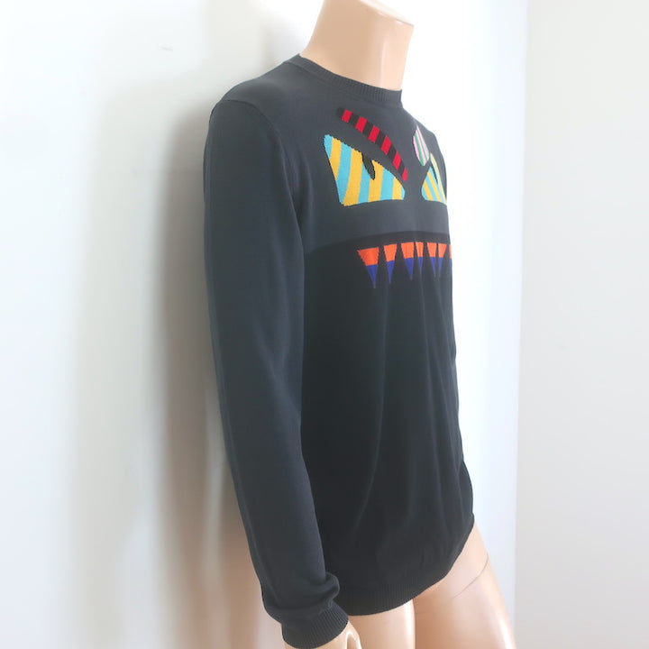 Fendi Monster Eyes Intarsia Knit Crewneck Sweater Black/Gray Size 48