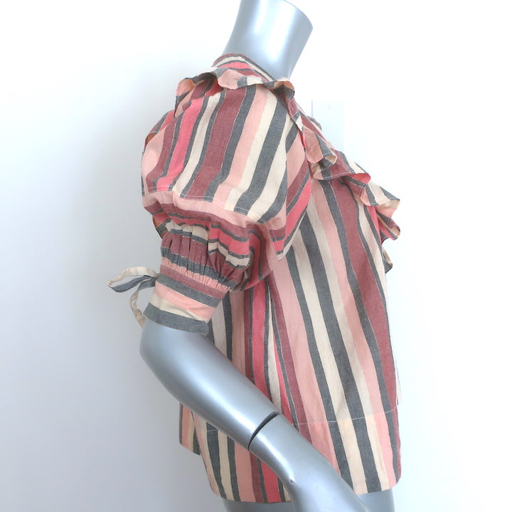 Ulla Johnson Puff Sleeve Ruffled Bib Top Pink Metallic Striped Cotton Size 0