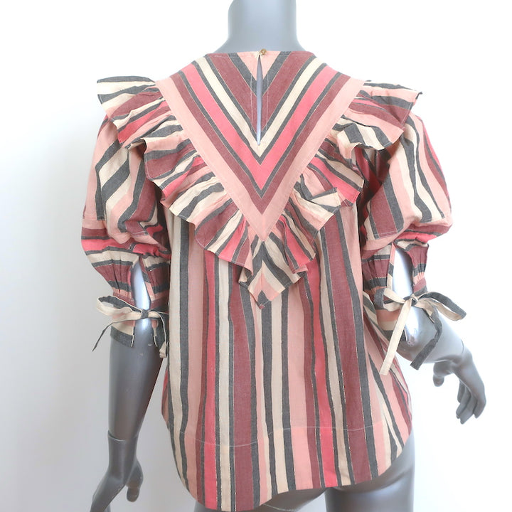 Ulla Johnson Puff Sleeve Ruffled Bib Top Pink Metallic Striped Cotton Size 0