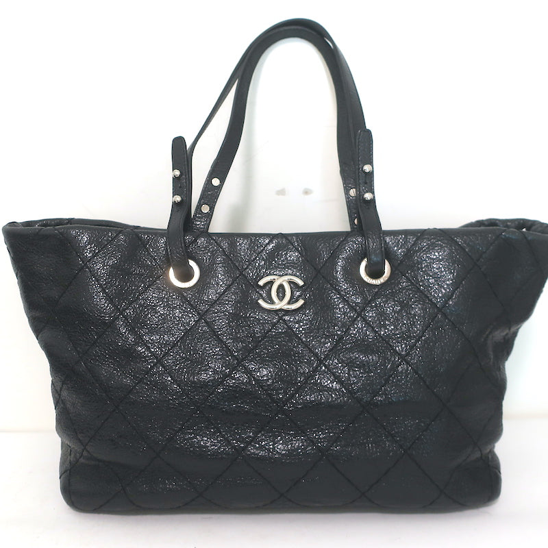 Chanel 2010 On The Road Tote Black Glazed Leather Large Shoulder Bag