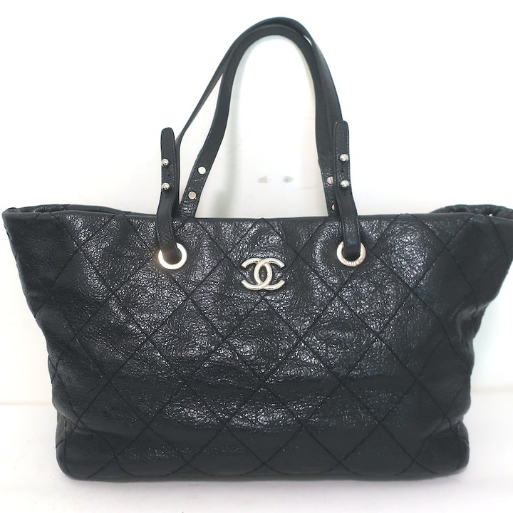 Chanel 2010 On The Road Tote Black Glazed Leather Large Shoulder Bag
