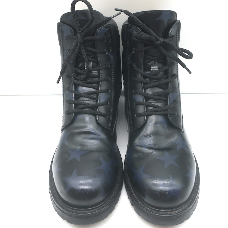Valentino Camustars Combat Boots Black &amp; Navy Star Print Leather Size 40