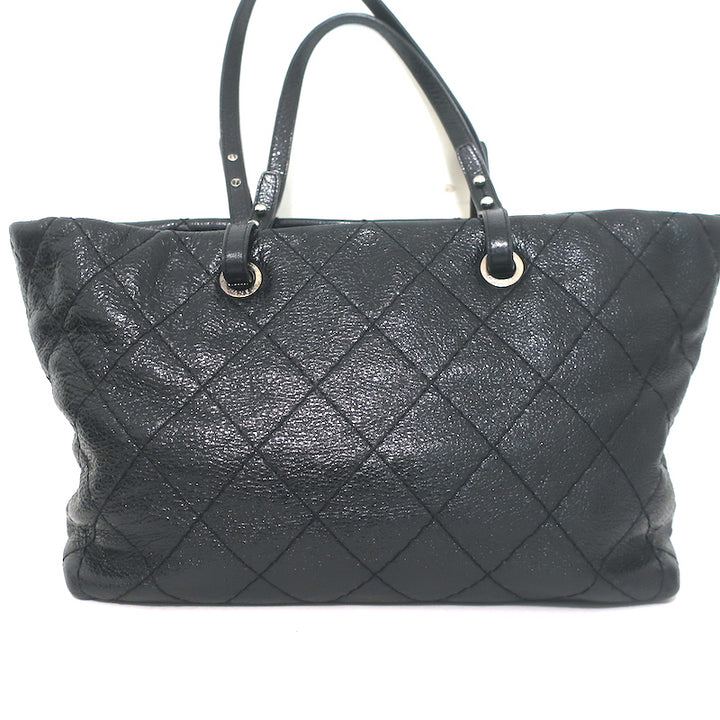 Chanel 2010 On The Road Tote Black Glazed Leather Large Shoulder Bag