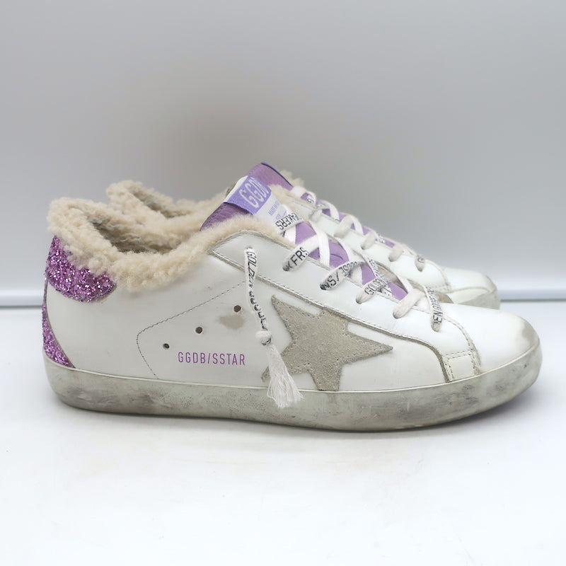 Golden Goose Superstar Shearling Sneakers White Leather &amp; Purple Glitter Size 38