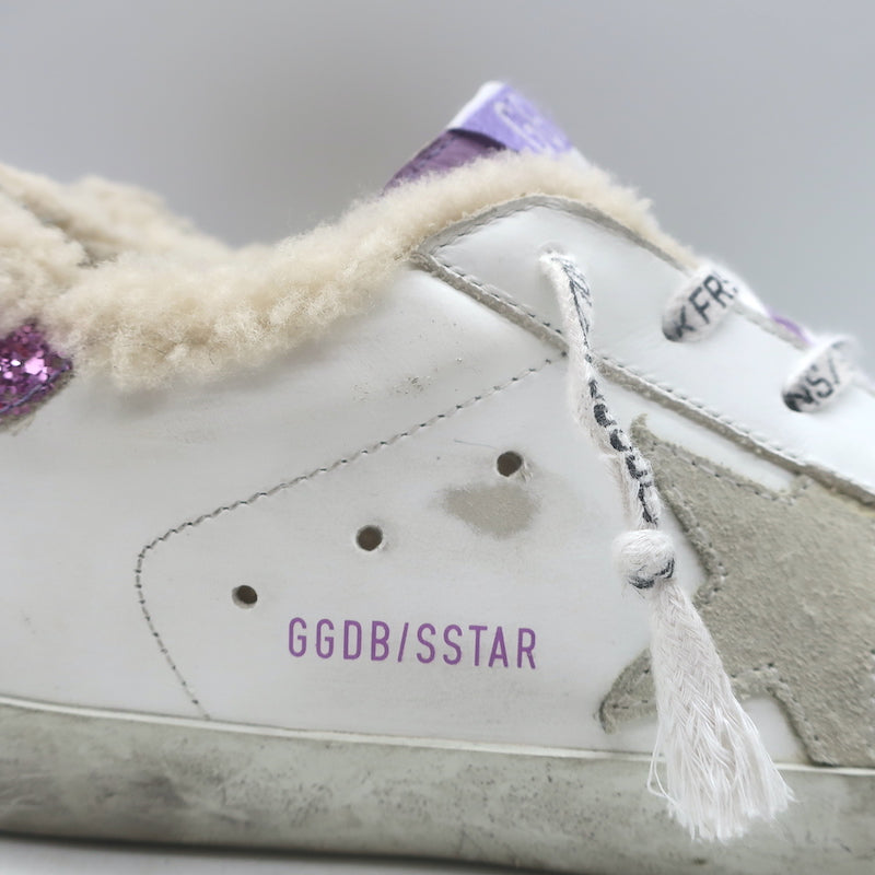 Golden Goose Superstar Shearling Sneakers White Leather &amp; Purple Glitter Size 38