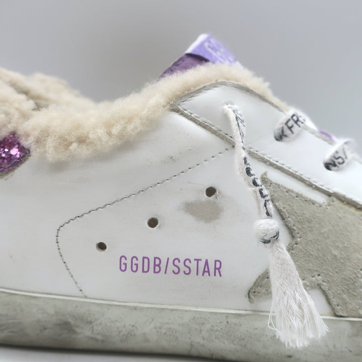 Golden Goose Superstar Shearling Sneakers White Leather &amp; Purple Glitter Size 38