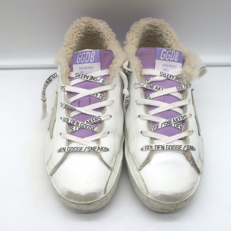 Golden Goose Superstar Shearling Sneakers White Leather &amp; Purple Glitter Size 38