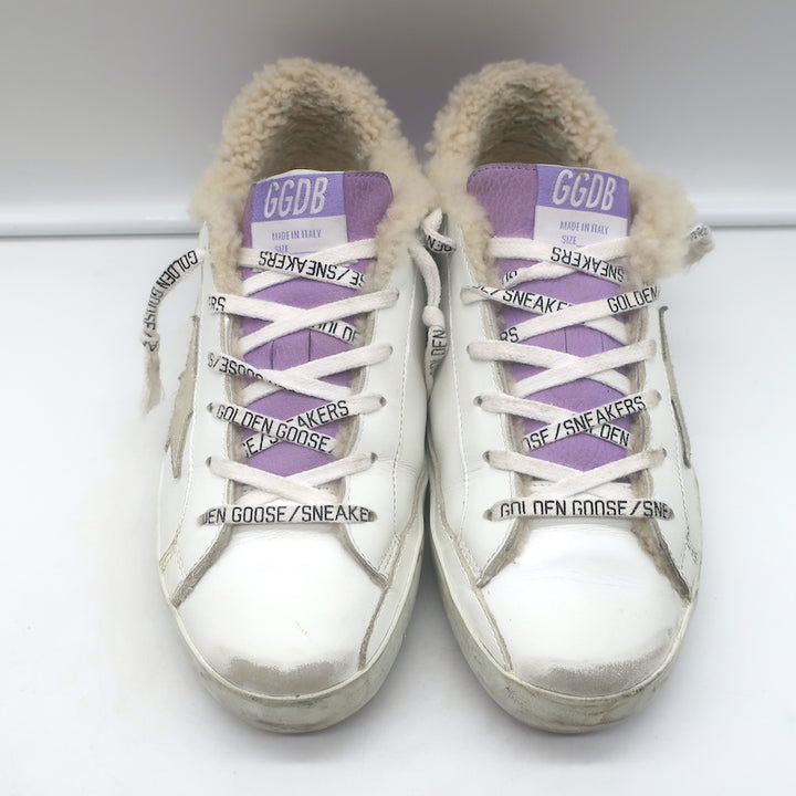 Golden Goose Superstar Shearling Sneakers White Leather &amp; Purple Glitter Size 38