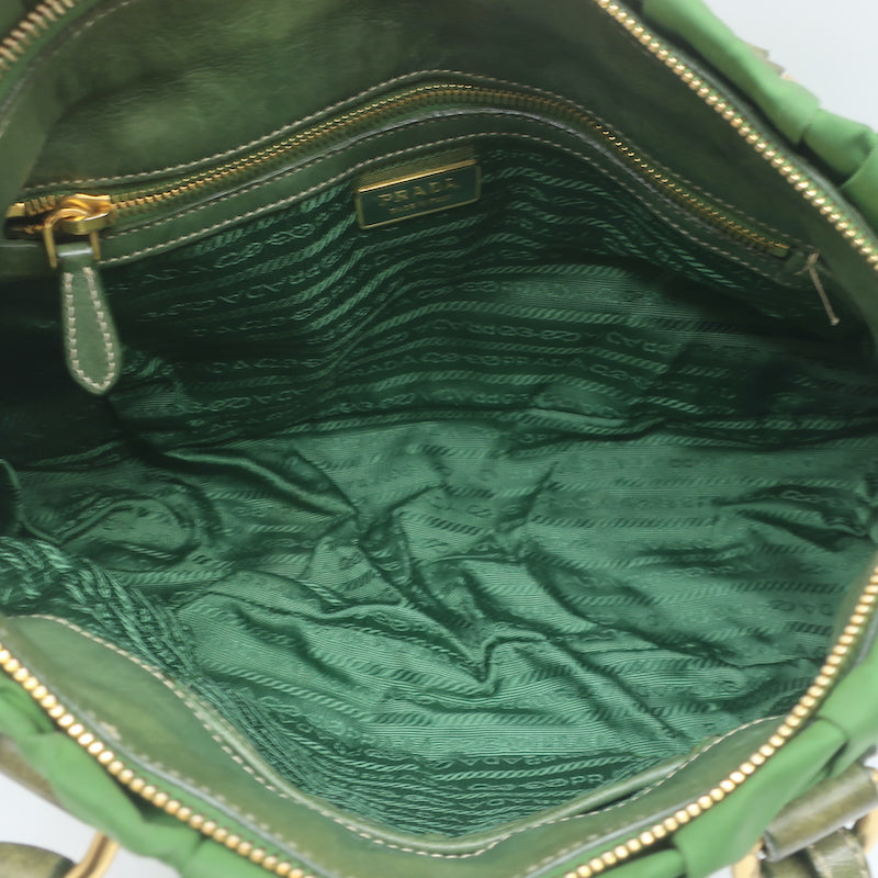Prada Tessuto Gaufre Braided Handle Satchel Green Nylon Medium Crossbody Bag