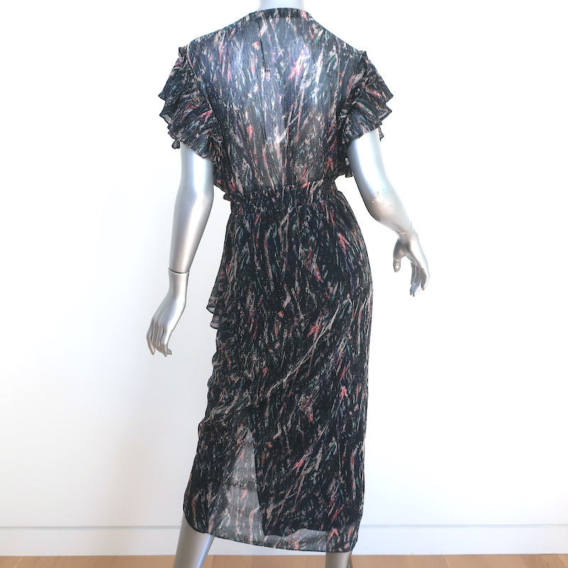 IRO Ruffled Midi Dress Gargas Black Lurex Printed Size 32 Flutter Sleeve NEW