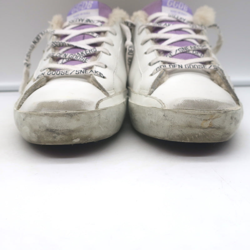Golden Goose Superstar Shearling Sneakers White Leather &amp; Purple Glitter Size 38