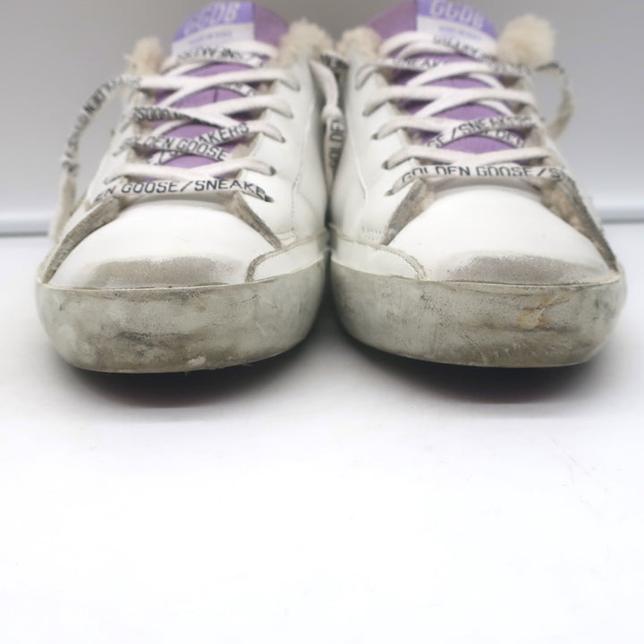 Golden Goose Superstar Shearling Sneakers White Leather &amp; Purple Glitter Size 38