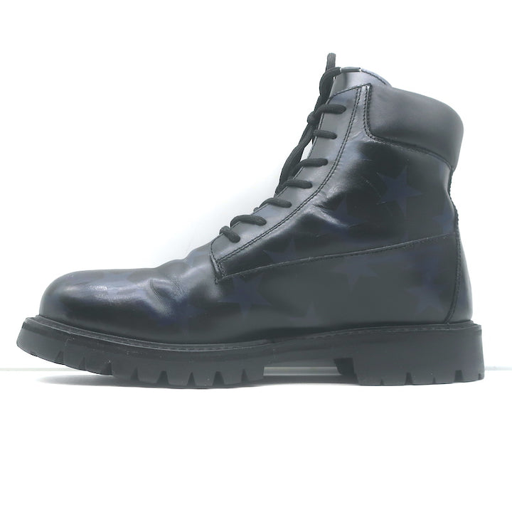 Valentino Camustars Combat Boots Black &amp; Navy Star Print Leather Size 40