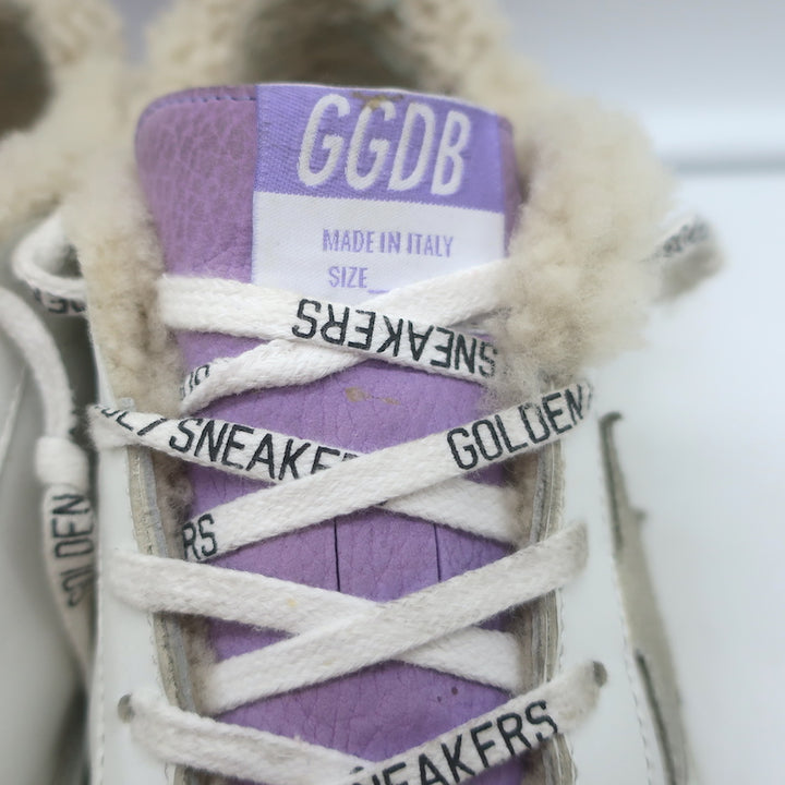 Golden Goose Superstar Shearling Sneakers White Leather &amp; Purple Glitter Size 38