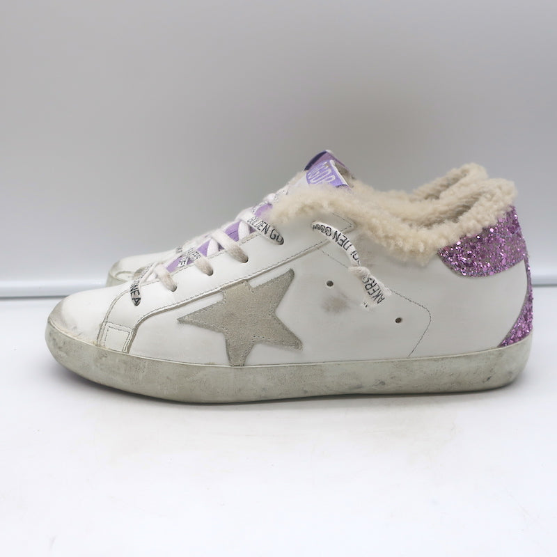 Golden Goose Superstar Shearling Sneakers White Leather &amp; Purple Glitter Size 38