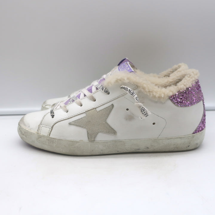 Golden Goose Superstar Shearling Sneakers White Leather &amp; Purple Glitter Size 38