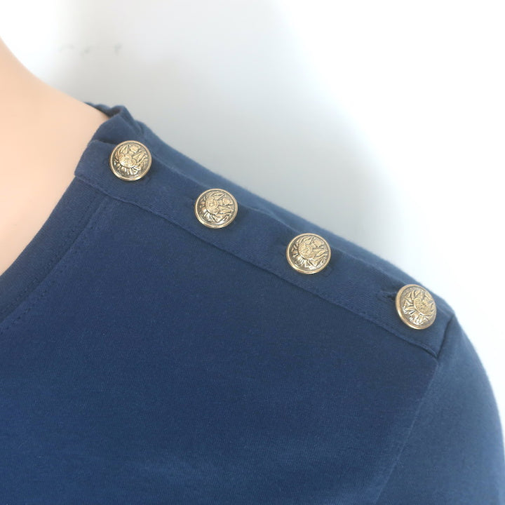 Balmain Lion-Embroidered Button-Shoulder Tee Navy Cotton Size Extra Extra Large