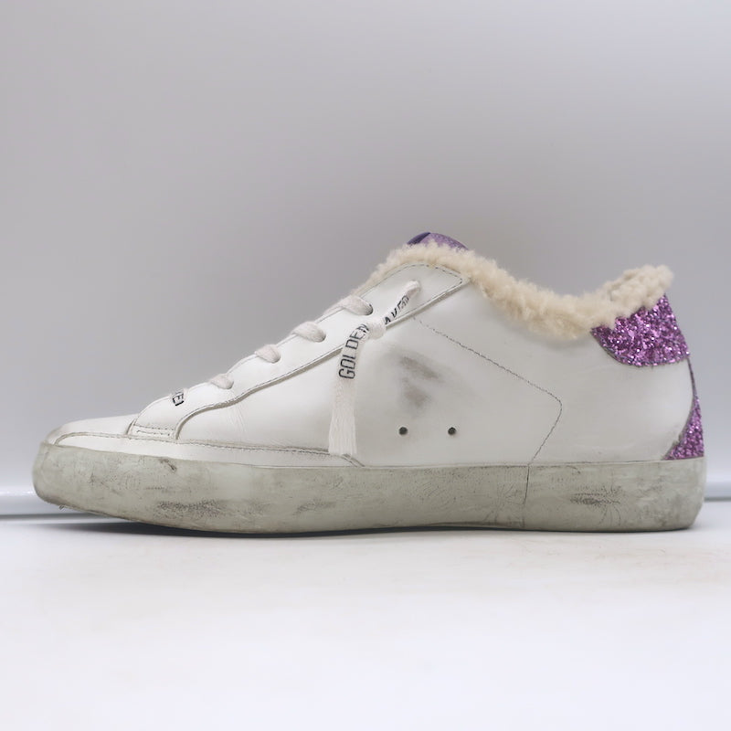 Golden Goose Superstar Shearling Sneakers White Leather &amp; Purple Glitter Size 38