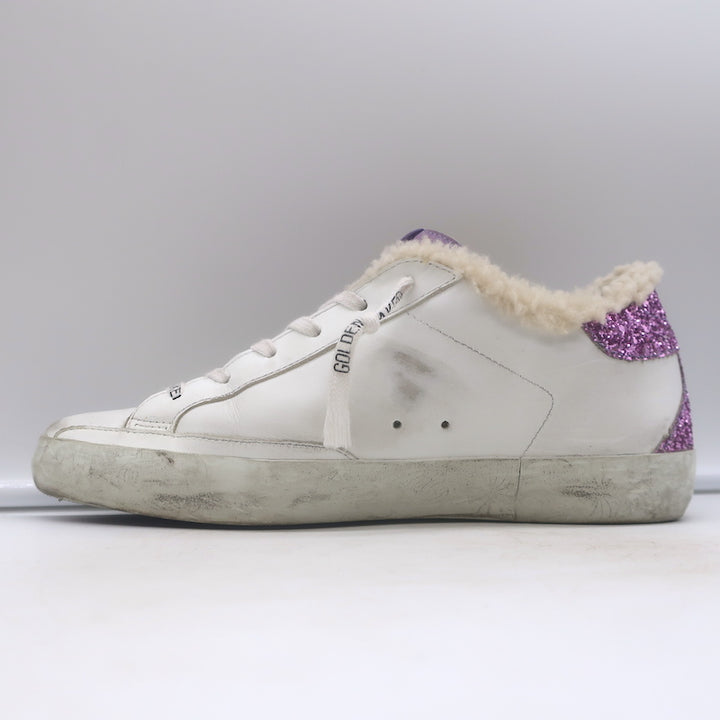 Golden Goose Superstar Shearling Sneakers White Leather &amp; Purple Glitter Size 38