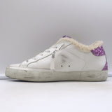 Golden Goose Superstar Shearling Sneakers White Leather & Purple Glitter Size 38