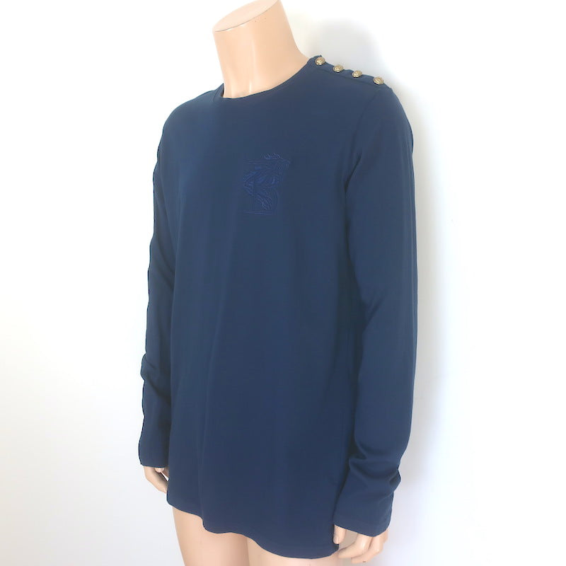 Balmain Lion-Embroidered Button-Shoulder Tee Navy Cotton Size Extra Extra Large