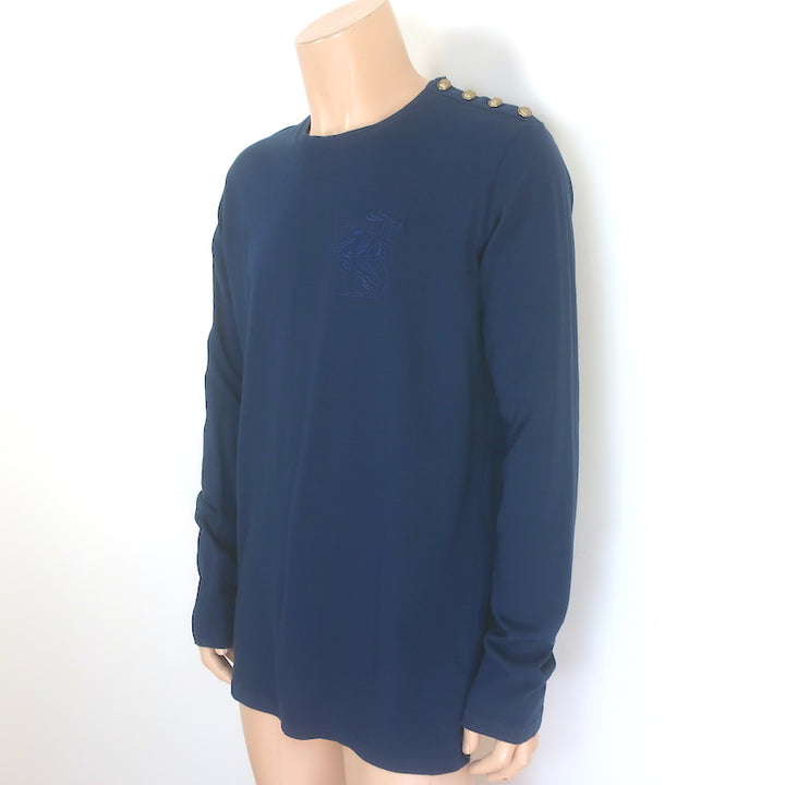 Balmain Lion-Embroidered Button-Shoulder Tee Navy Cotton Size Extra Extra Large