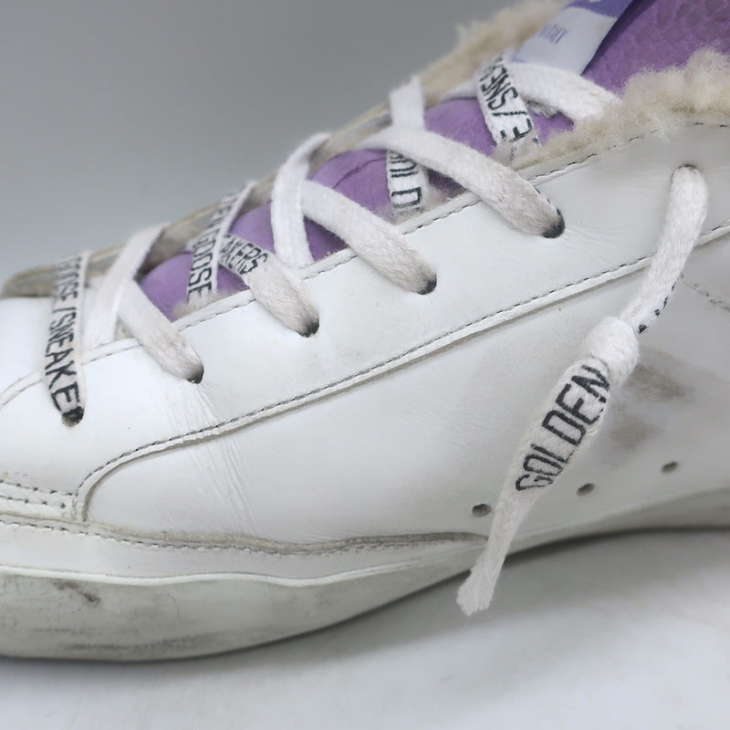 Golden Goose Superstar Shearling Sneakers White Leather &amp; Purple Glitter Size 38