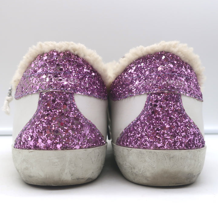 Golden Goose Superstar Shearling Sneakers White Leather &amp; Purple Glitter Size 38
