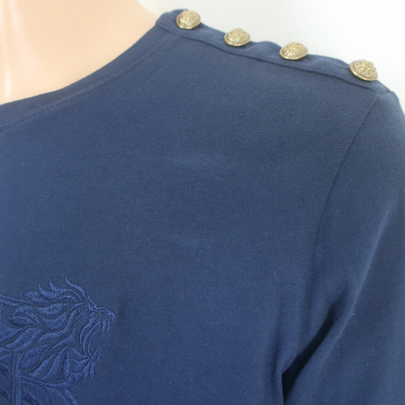Balmain Lion-Embroidered Button-Shoulder Tee Navy Cotton Size Extra Extra Large