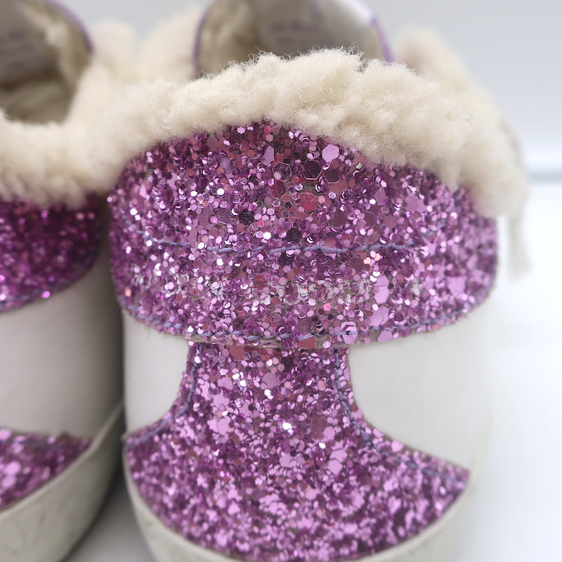 Golden Goose Superstar Shearling Sneakers White Leather &amp; Purple Glitter Size 38