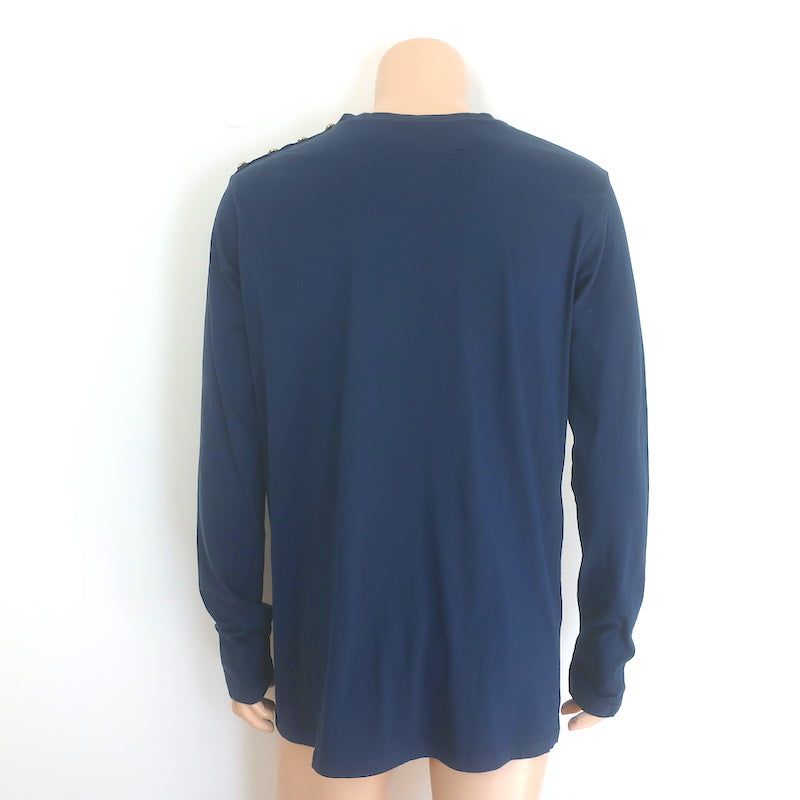 Balmain Lion-Embroidered Button-Shoulder Tee Navy Cotton Size Extra Extra Large