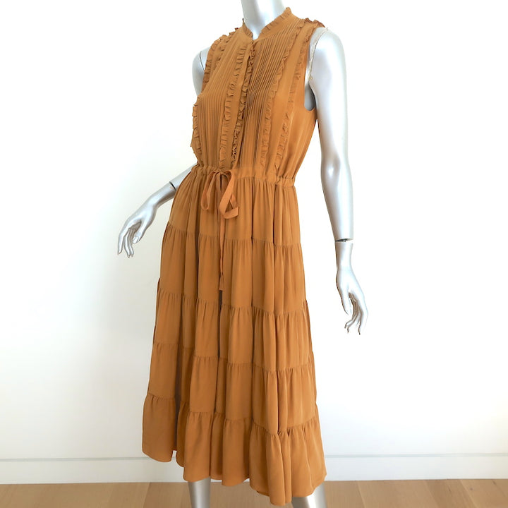 Ulla Johnson Sleeveless Tiered Midi Dress Minetta Mustard Silk Size 0