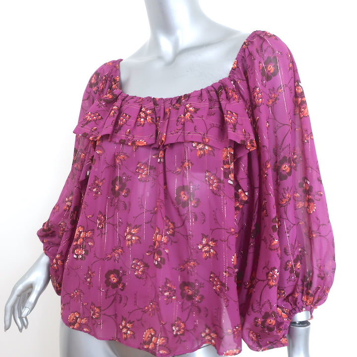 Ulla Johnson Coline Off the Shoulder Blouse Magenta Metallic Floral Print Size 0