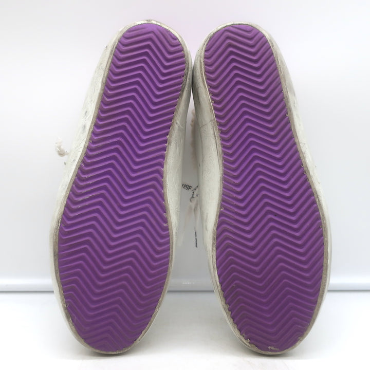 Golden Goose Superstar Shearling Sneakers White Leather &amp; Purple Glitter Size 38