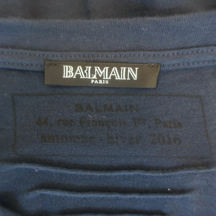 Balmain Lion-Embroidered Button-Shoulder Tee Navy Cotton Size Extra Extra Large