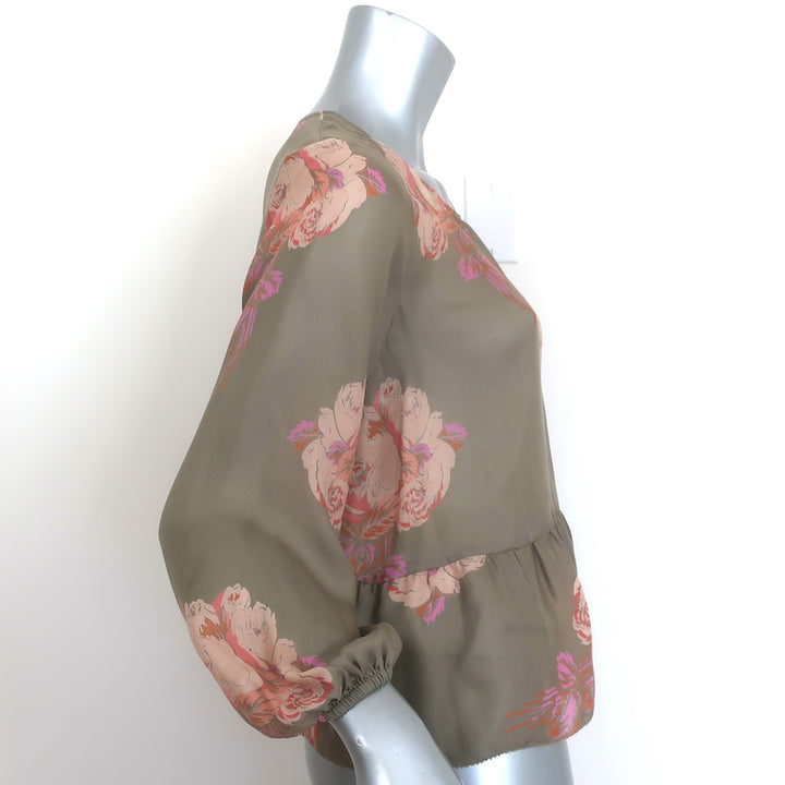THE GREAT Peplum Blouse Taupe Floral Print Silk Size 0