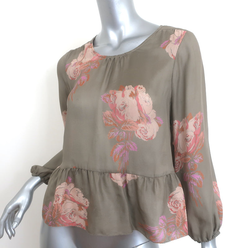 THE GREAT Peplum Blouse Taupe Floral Print Silk Size 0