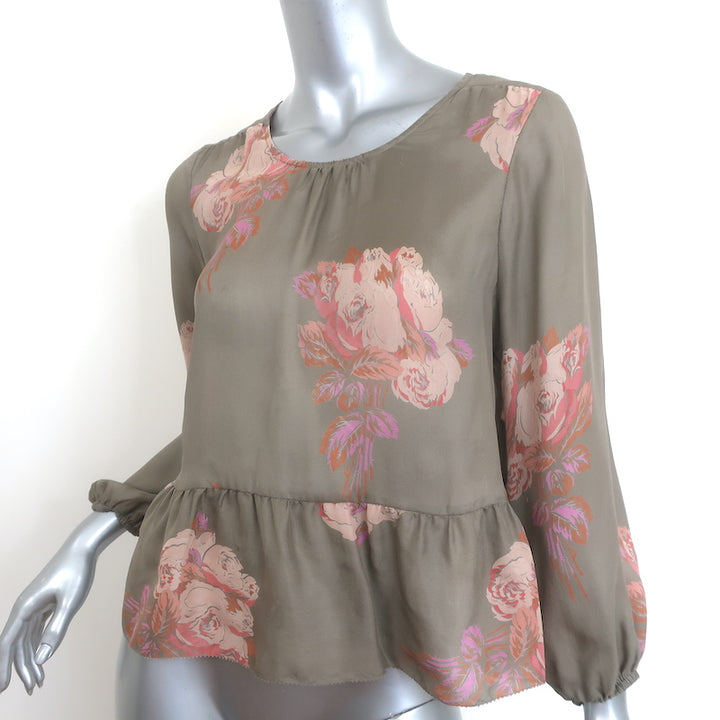 THE GREAT Peplum Blouse Taupe Floral Print Silk Size 0