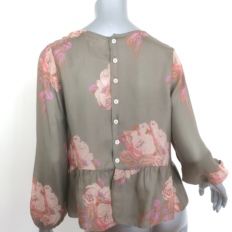 THE GREAT Peplum Blouse Taupe Floral Print Silk Size 0