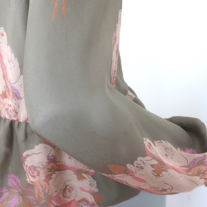 THE GREAT Peplum Blouse Taupe Floral Print Silk Size 0