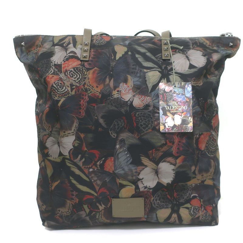 Valentino Camu Butterfly Rockstud Tote Olive/Multi Nylon Large Shoulder Bag NEW